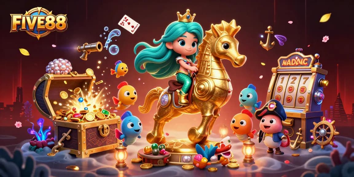 Engage in exciting slots at FIVE88 with dynamic mermaid princess and seahorse amidst colorful treasures.