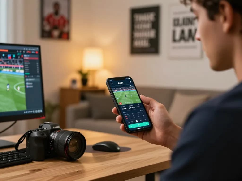Daga sports betting user analyzes odds on smartphone app in modern home office setting.