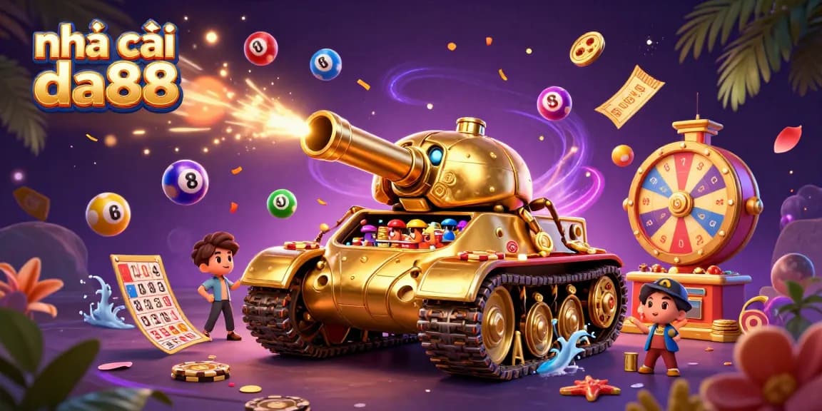 Experience the excitement of nhà cái da88 through a vibrant 3D casino illustration showcasing dynamic lottery elements.