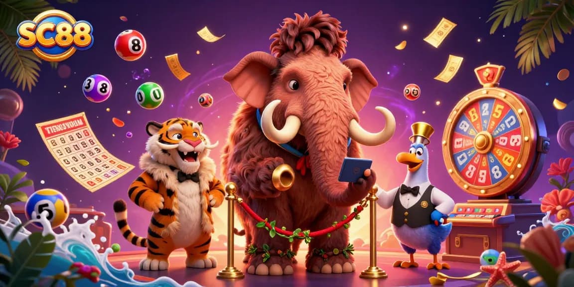 Experience the dynamic energy of SC88 casino gameplay with cartoon characters and vibrant gambling elements.