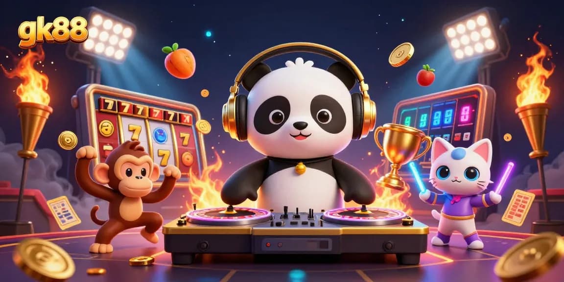 Experience exciting gameplay at gk88 with vibrant casino characters, including DJ panda and slot reels.