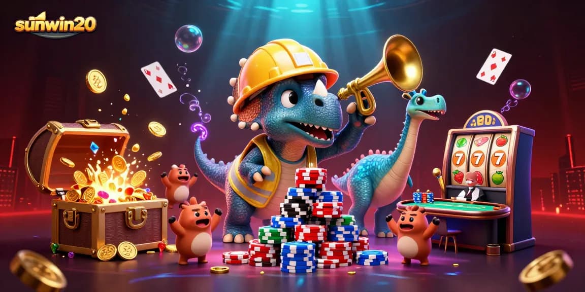 Engage with sunwin20 in a vibrant 3D casino scene featuring poker chips, celebrating dinosaurs, and dynamic gameplay elements.