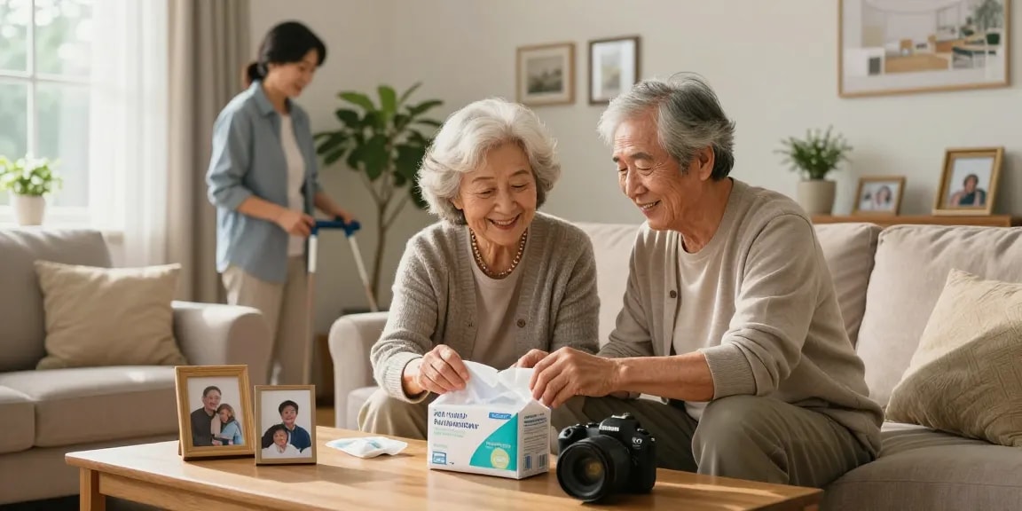 Experience the comfort of adult incontinence supplies with a supportive elderly couple in a cozy living room setting.