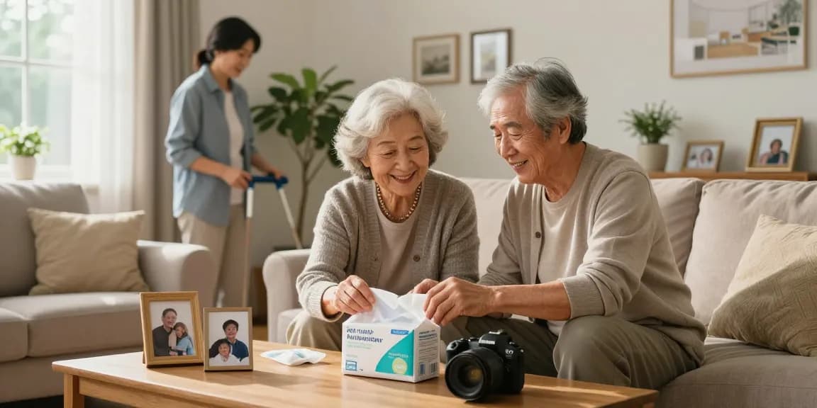 Experience the comfort of adult incontinence supplies with a supportive elderly couple in a cozy living room setting.