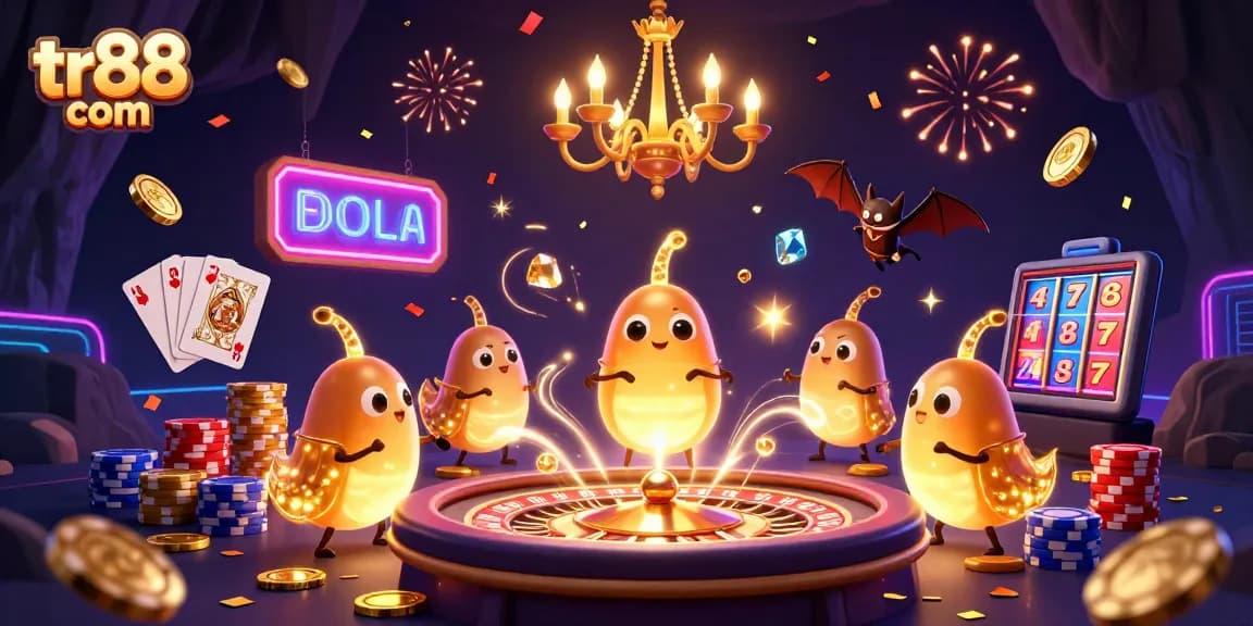 Win big with tr88 com at the vibrant cave casino, illuminated by glowworms and celebrating with gold coins.
