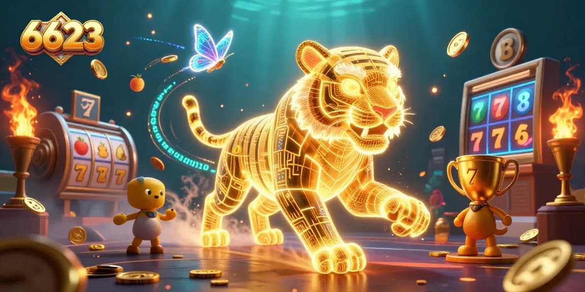 Engage with dynamic casino elements at 6623, featuring a neon tiger amidst vibrant slots and golden rewards.