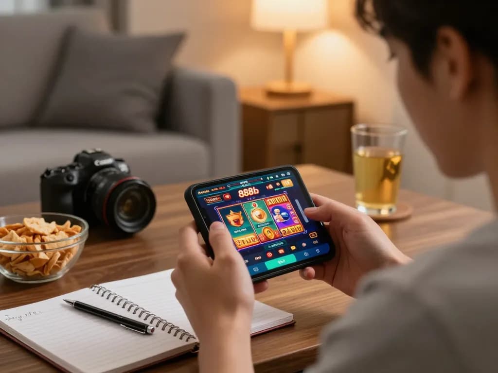 Player engaging with the 888b casino app on smartphone in a cozy home environment, showcasing strategic gaming.