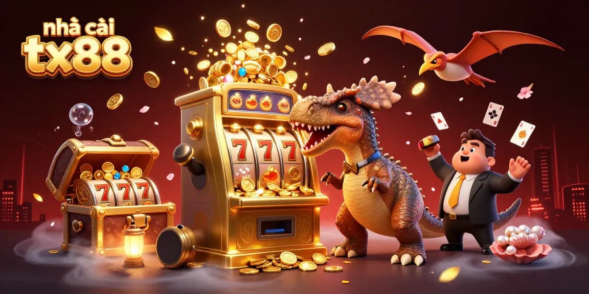 Experience nhà cái tx88 with a cartoon dinosaur creating jackpots amidst thrilling casino elements.