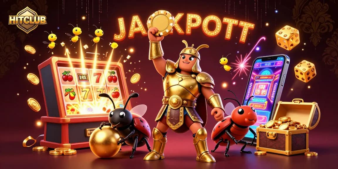 HitCLUB's victorious beetle hero celebrating wins amidst magical casino scenes.