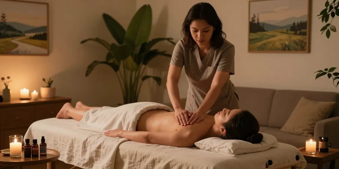 Relaxing 의왕출장안마 home massage scene with professional therapist and calming atmosphere