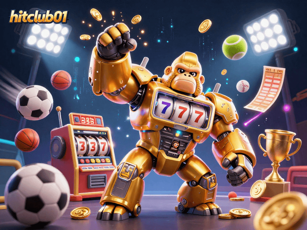 Experience the excitement of hitclub01 with a dynamic 3D illustration featuring a golden gorilla mech amidst flying sports elements.
