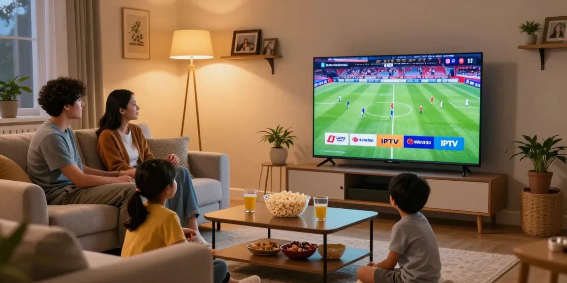 Découvrez le Meilleur IPTV Québec avec une famille profitant de leur service de streaming HD dans un salon chaleureux.