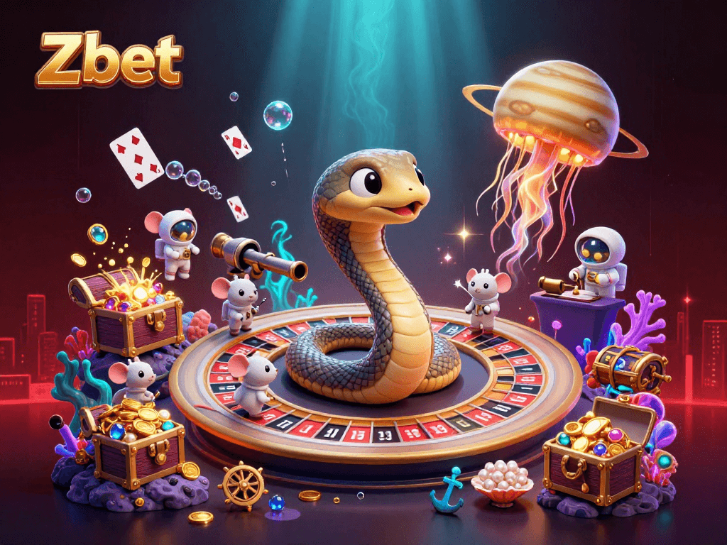 Zbet showcases an exciting cosmic gambling scene with vibrant elements and characters, enticing players with imaginative bets.