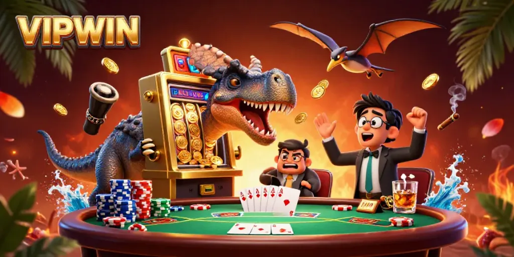Experience thrilling jackpots at VIPWIN with cartoon dinosaurs in a vibrant casino scene.