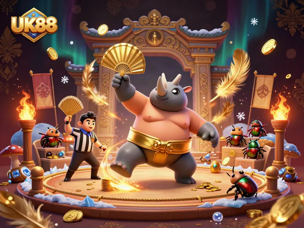 Witness the UK88 action with a rhinoceros beetle champion, golden coins flying in a dynamic casino scene.
