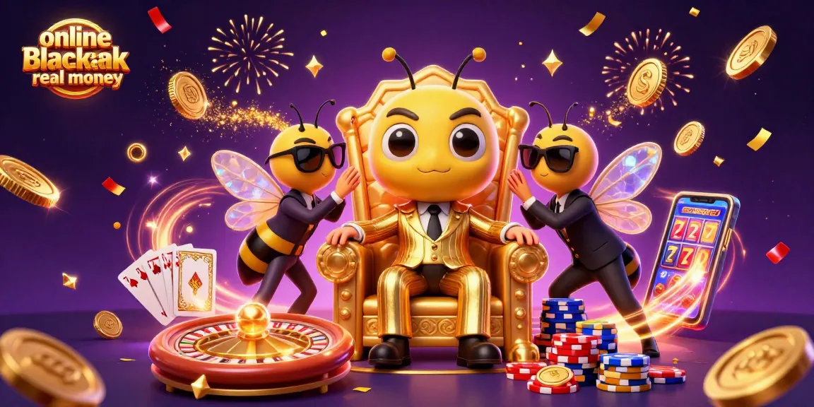 Engage in online blackjack real money with a dynamic casino scene featuring a bumblebee mob boss.