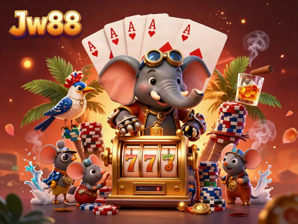 Engage in thrilling gaming with Jw88 as the steampunk elephant operates a golden slot machine.