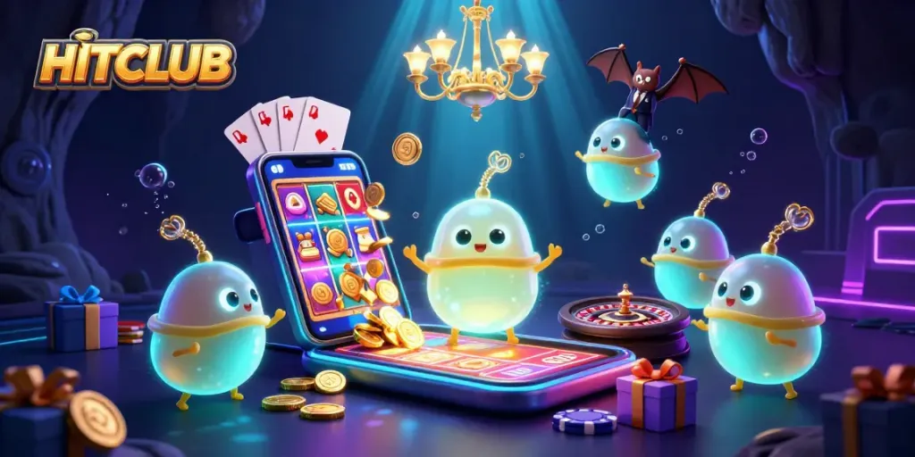 Experience HITCLUB with vibrant casino action, glowing characters, and thrilling gaming elements.