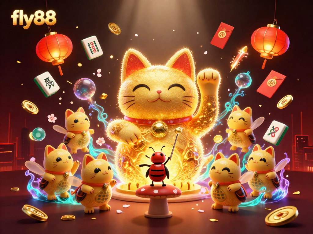 Experience the excitement of fly88 with golden fireflies engaging in lively casino-themed actions.