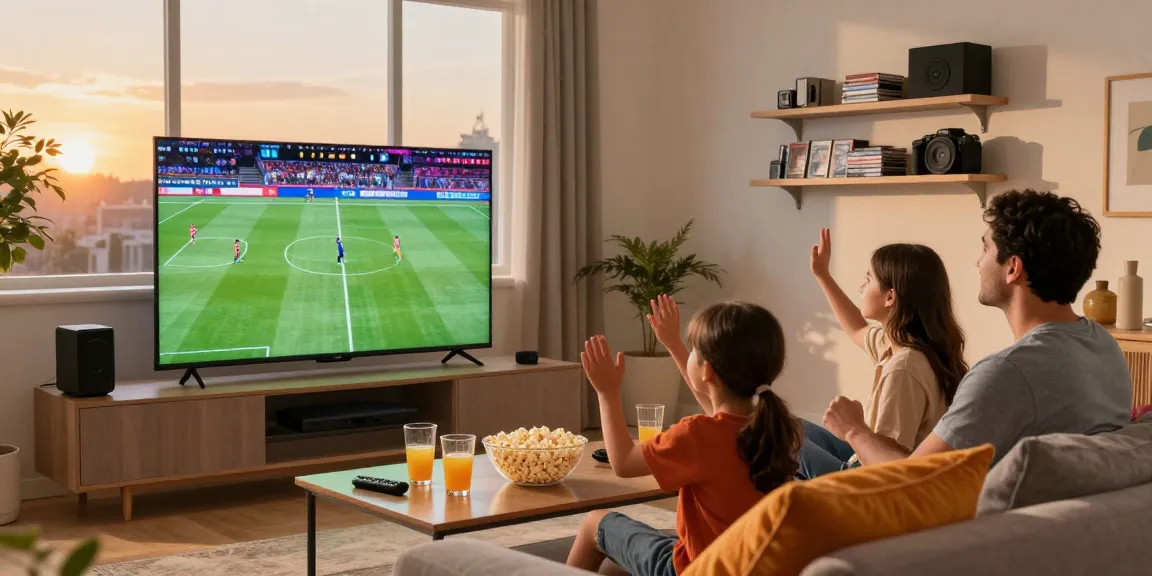 Enjoying the best IPTV Quebec experience with family, watching sports in a lively living room.