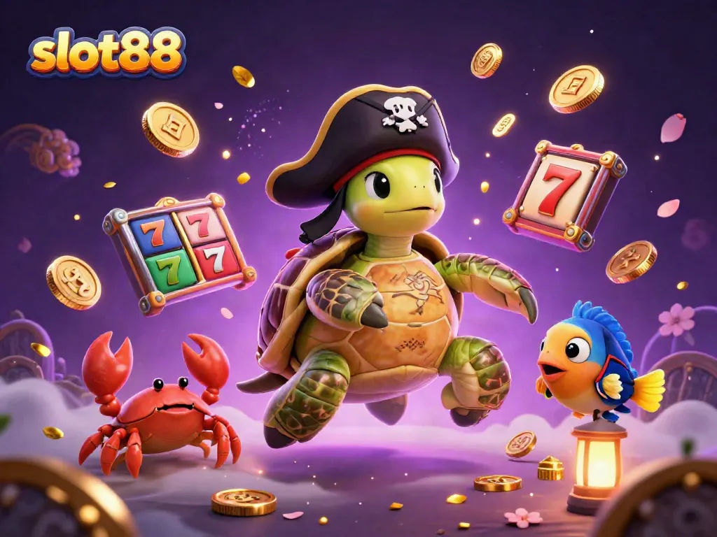 Engage with slot88's vibrant 3D illustration of a pirate turtle, lucky 7s, and a jackpot scene.