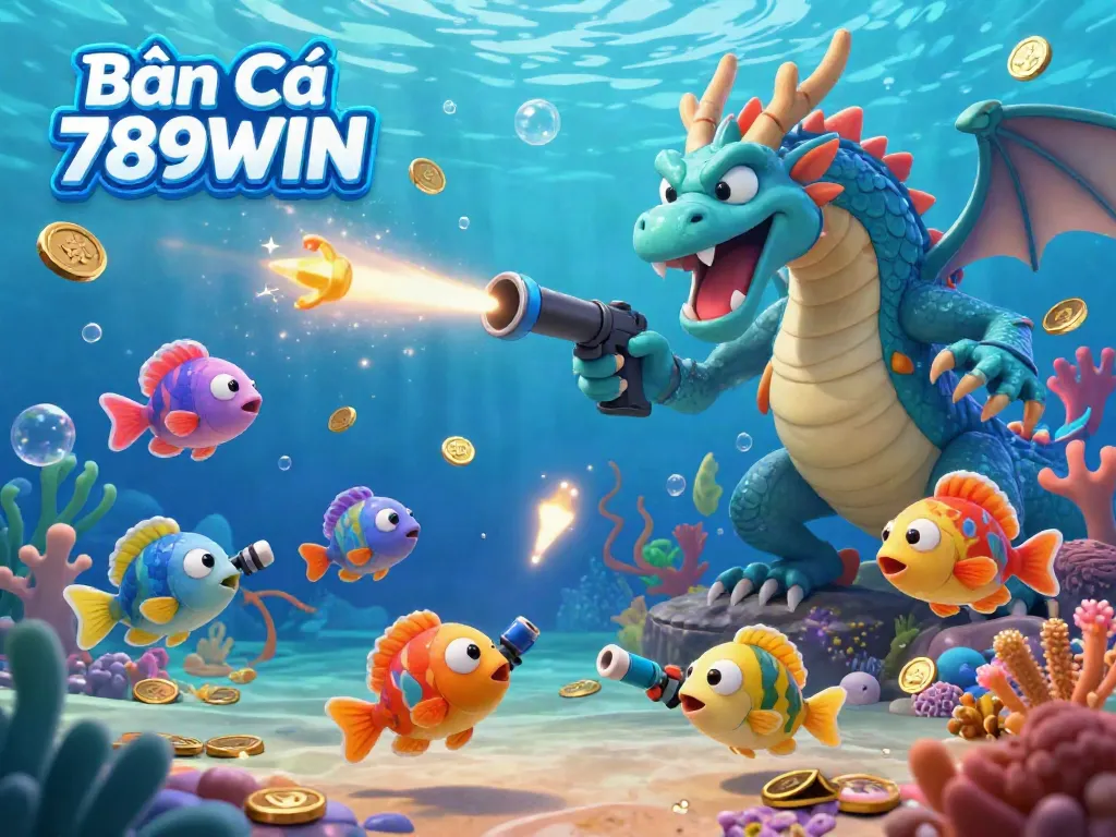 Engage in thrilling action with Bắn Cá 789WIN as fish battle a dragon boss in an exciting underwater scene.