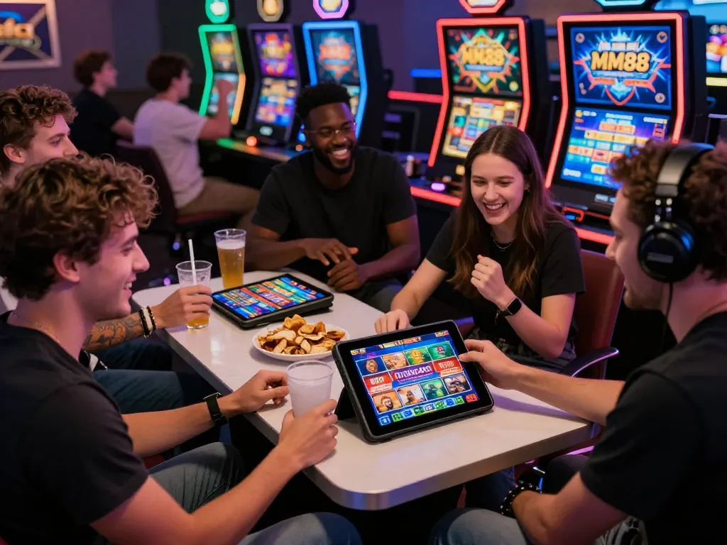 Friends enjoying MM88 online casino games in a lively gaming setting with snacks and drinks