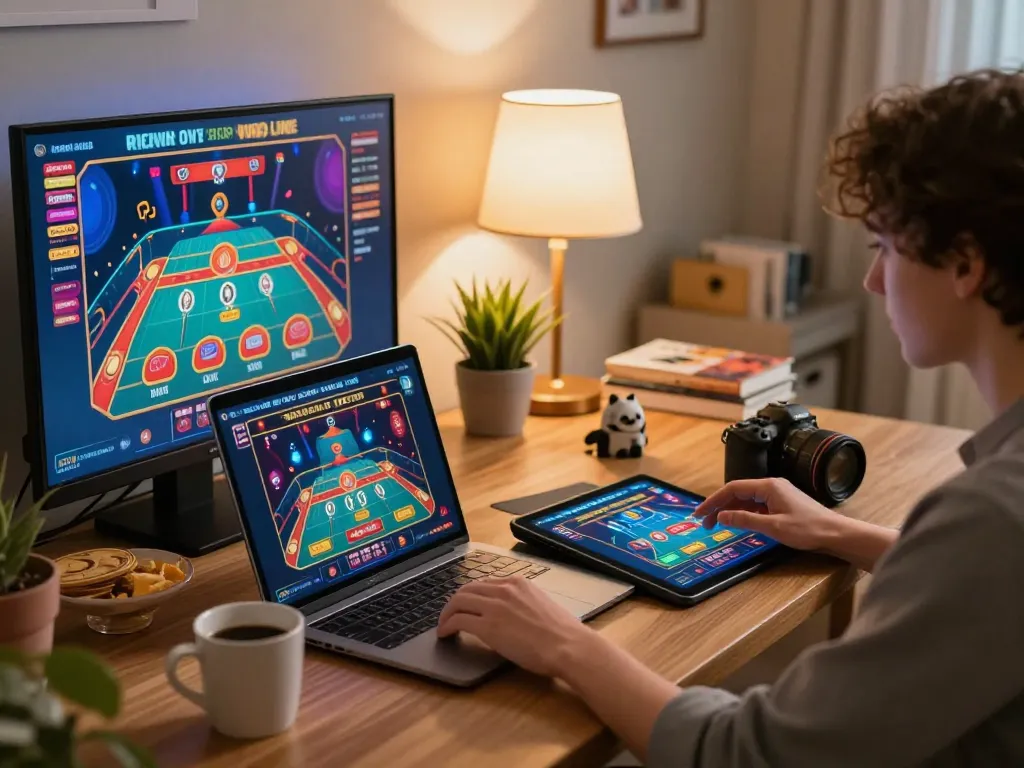 Player engaged in online gaming at home, using laptop and tablet for 79sodoni live dealer games, cozy setup
