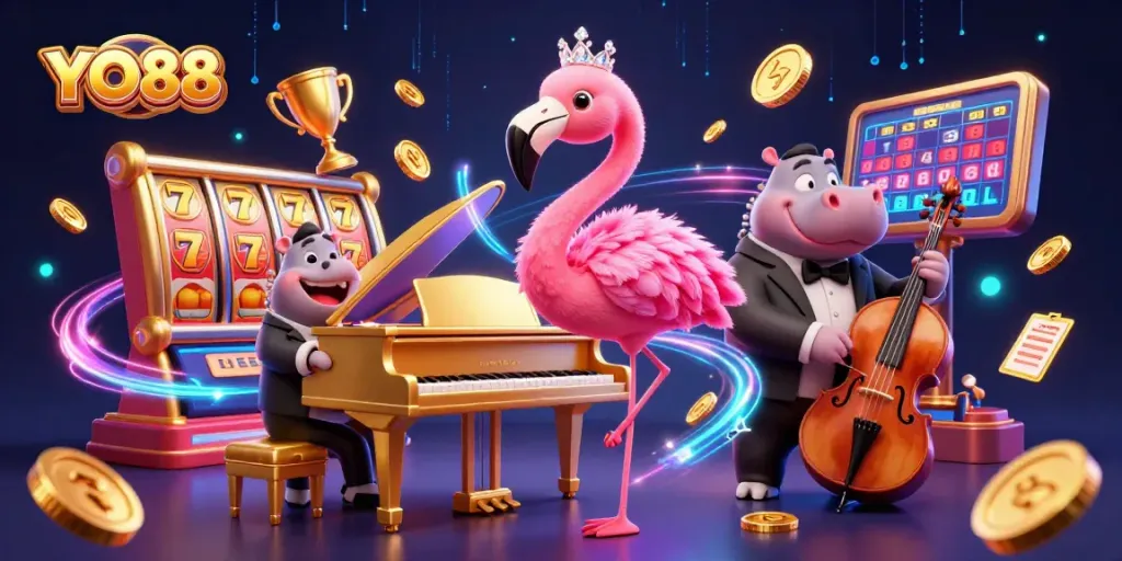 Experience YO88's thrilling gaming with vibrant characters and dynamic elements in a captivating casino scene.