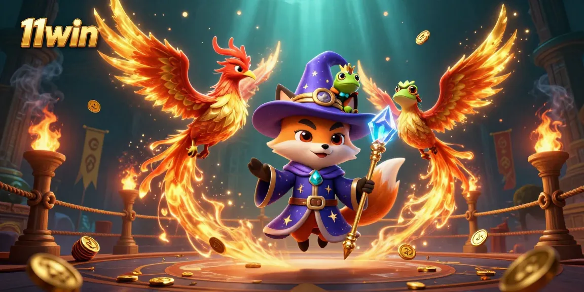 Engage in the mystical 11win adventure featuring a wizard fox and a fiery phoenix in a dynamic casino scene.
