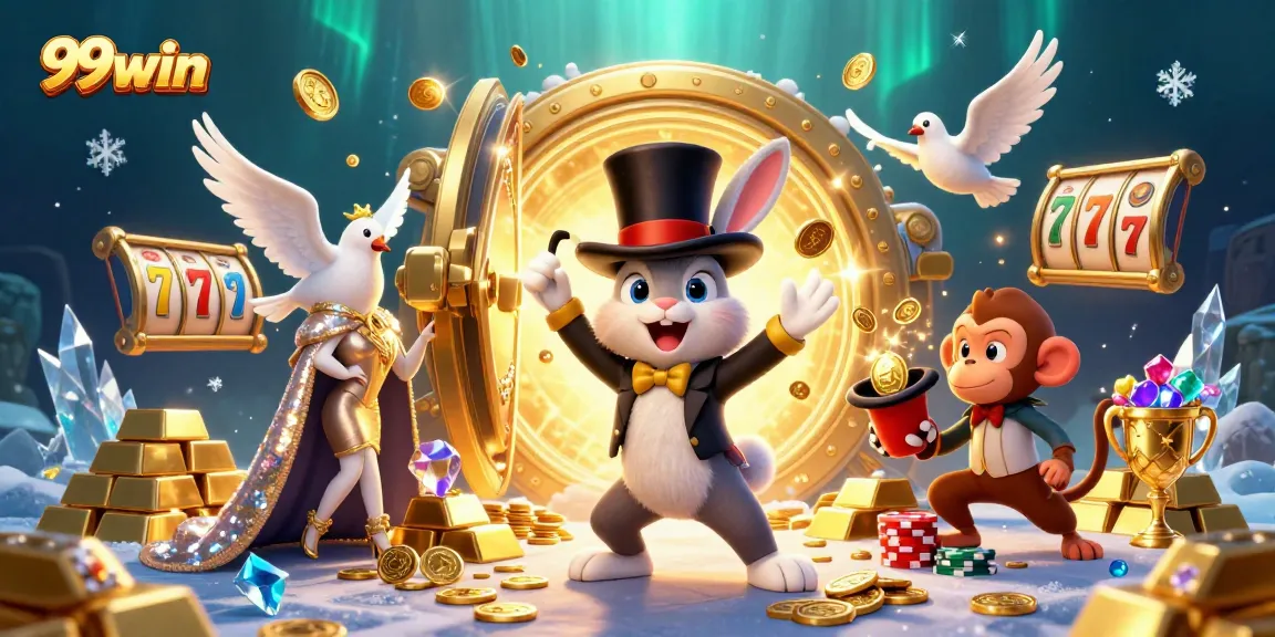 Experience excitement with 99win as a magician rabbit casts golden coins, surrounded by dynamic casino elements.