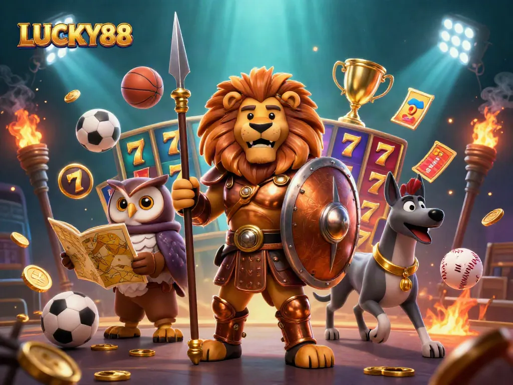 Win big with LUCKY88 as a Spartan lion, owl strategist, and greyhound messenger amidst rich casino elements.