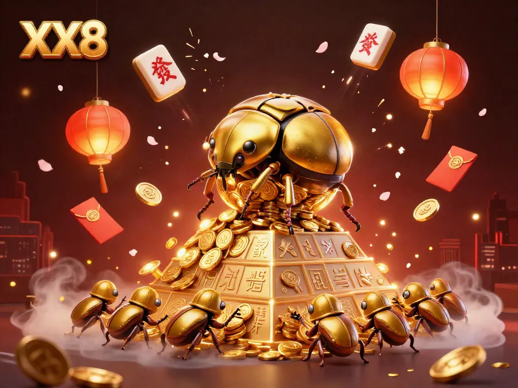 Experience the excitement of gambling with XX8, featuring golden beetles and casino symbols.