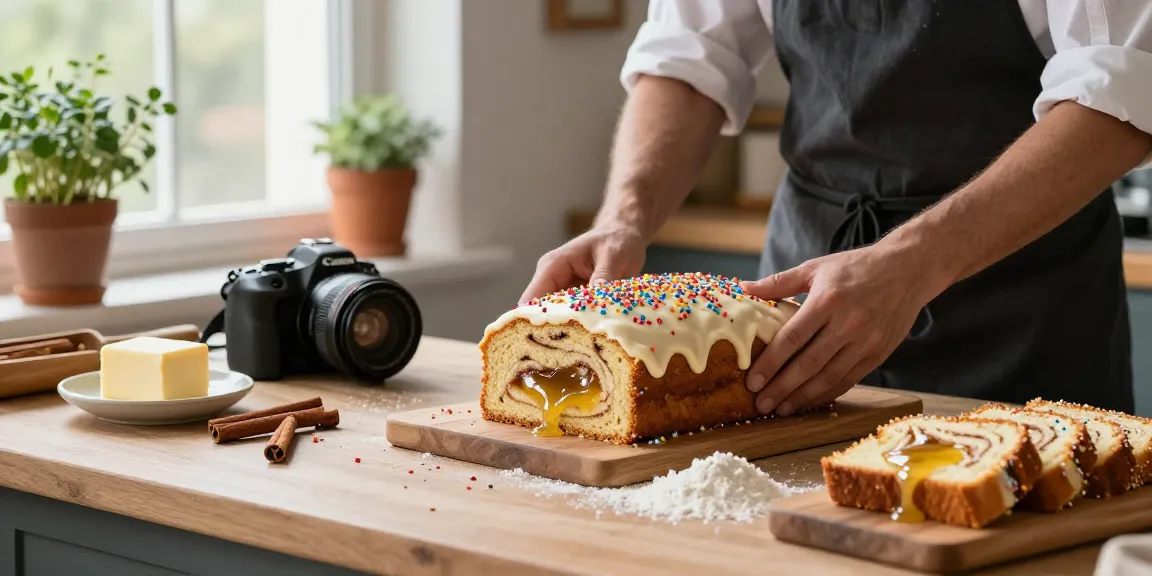 Delicious cinnamon roll cake Calgary with creamy icing and festive sprinkles, showcasing bakery charm.