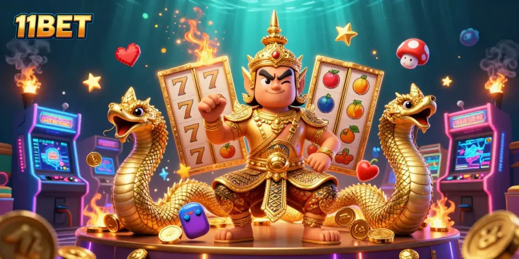 Experience thrilling gaming with 11BET's vibrant casino environment featuring guardians and slot machines.