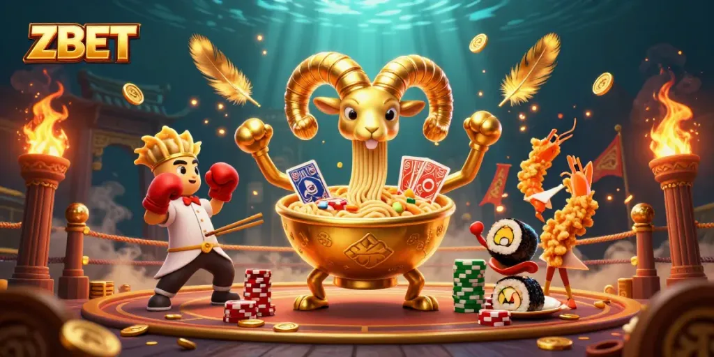 ZBET offers thrilling gaming action with a giant golden ramen bowl dealer and vibrant casino atmosphere.