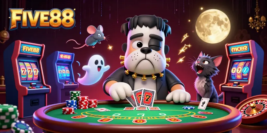 Engage in thrilling action at FIVE88 with a spooky casino scene filled with vibrant game elements.
