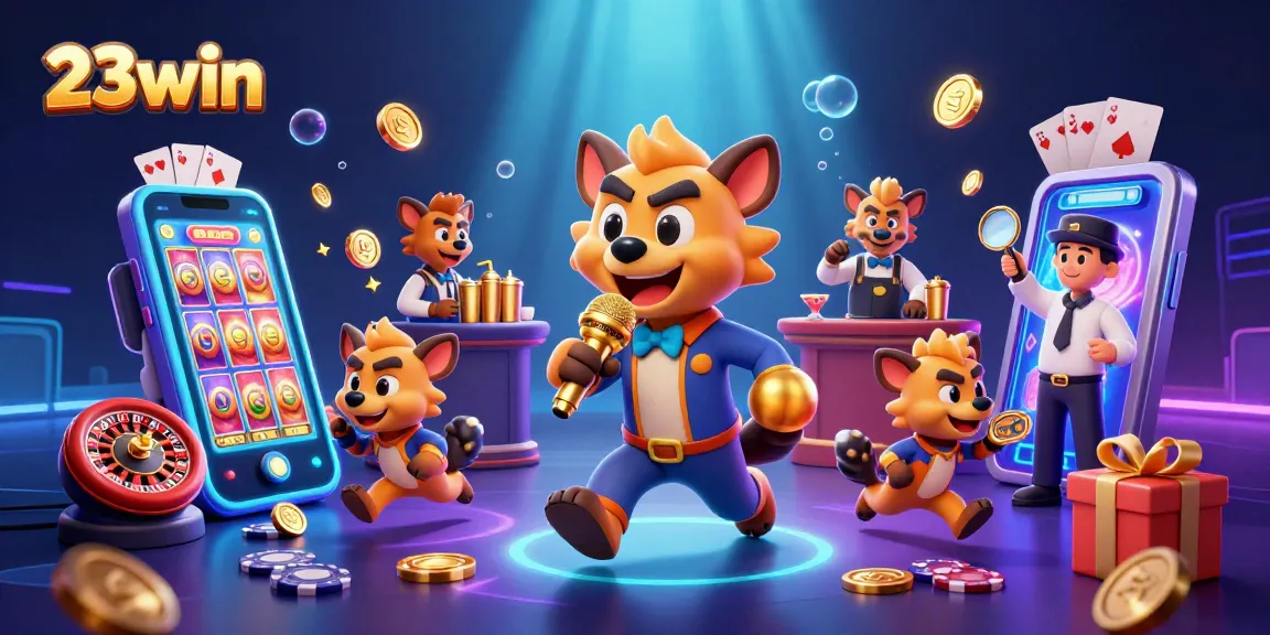 Play slots and win exciting rewards with 23win in a vibrant casino scene filled with animated characters.