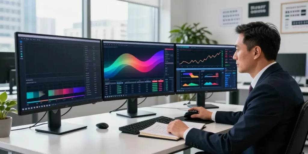 Professional trader analyzing cryptocurrency charts on quantumaiplatform.ca in a modern office.