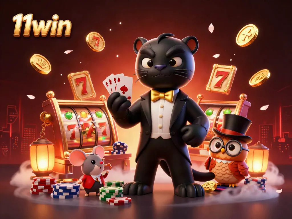 Engaging 11win scene featuring a stylish black panther dealing cards among dynamic slots and shimmering coins.