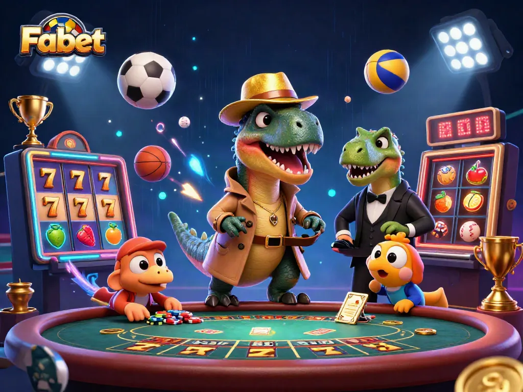 Fabet showcases a thrilling casino scene with colorful characters and dynamic gambling elements in action.
