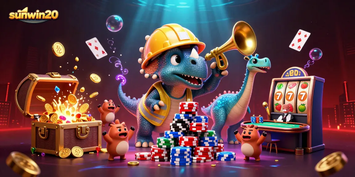 Engage with sunwin20 in a vibrant 3D casino scene featuring poker chips, celebrating dinosaurs, and dynamic gameplay elements.