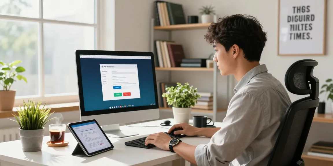 Bright modern home office with WPS Download on desktop computer, showcasing productivity and comfort.