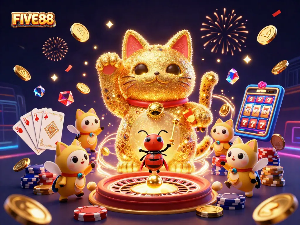 Experience the vibrant world of FIVE88 casino with dazzling game elements and characters.