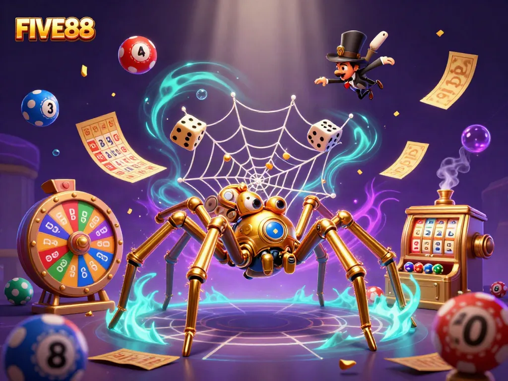 FIVE88 captivating cartoon scene featuring a steampunk spider and humorous fly surrounded by casino elements.