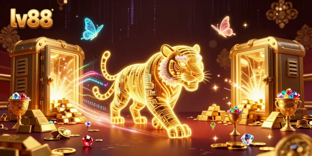 Experience thrilling gaming at lv88 in this vibrant 3D casino scene with golden treasures and high-tech visuals.