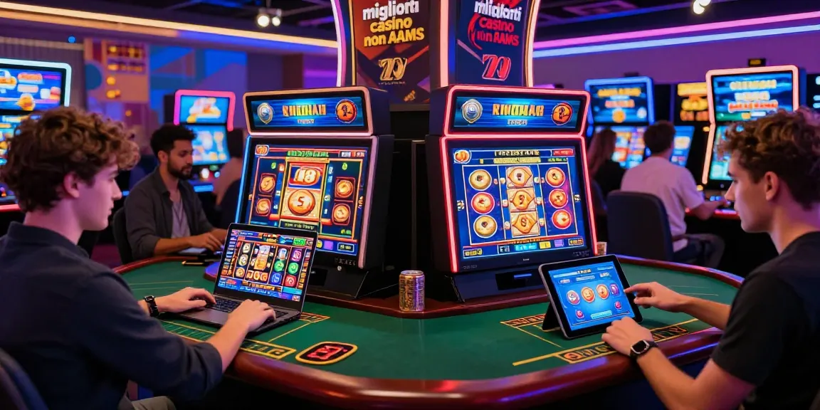 Scene di gioco entusiasmanti che evidenziano i migliori casinò non AAMS con giocatori impegnati in giochi di casinò online su laptop e tablet in un'atmosfera digitale vibrante.