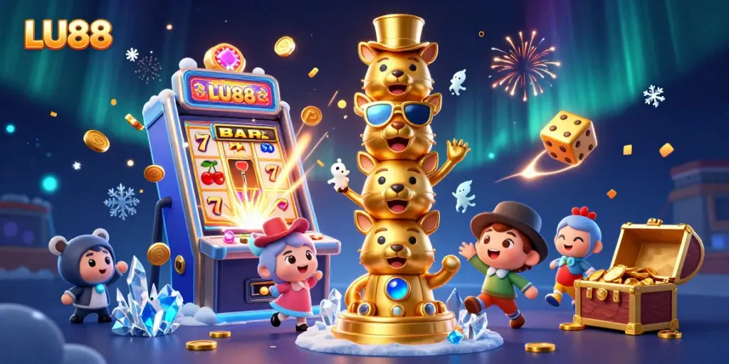 Experience thrilling gameplay at LU88 with a vibrant 3D illustrated casino scene featuring exciting game elements.