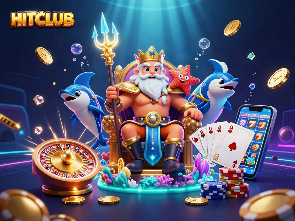 HITCLUB captures thrilling casino excitement with Neptune and vibrant symbols of wealth.