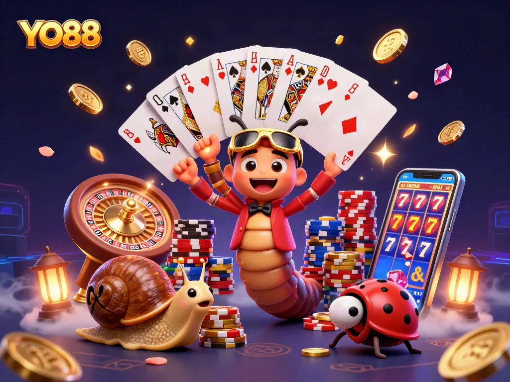 Experience the excitement of YO88 with a vibrant 3D casino scene showcasing dynamic game elements.
